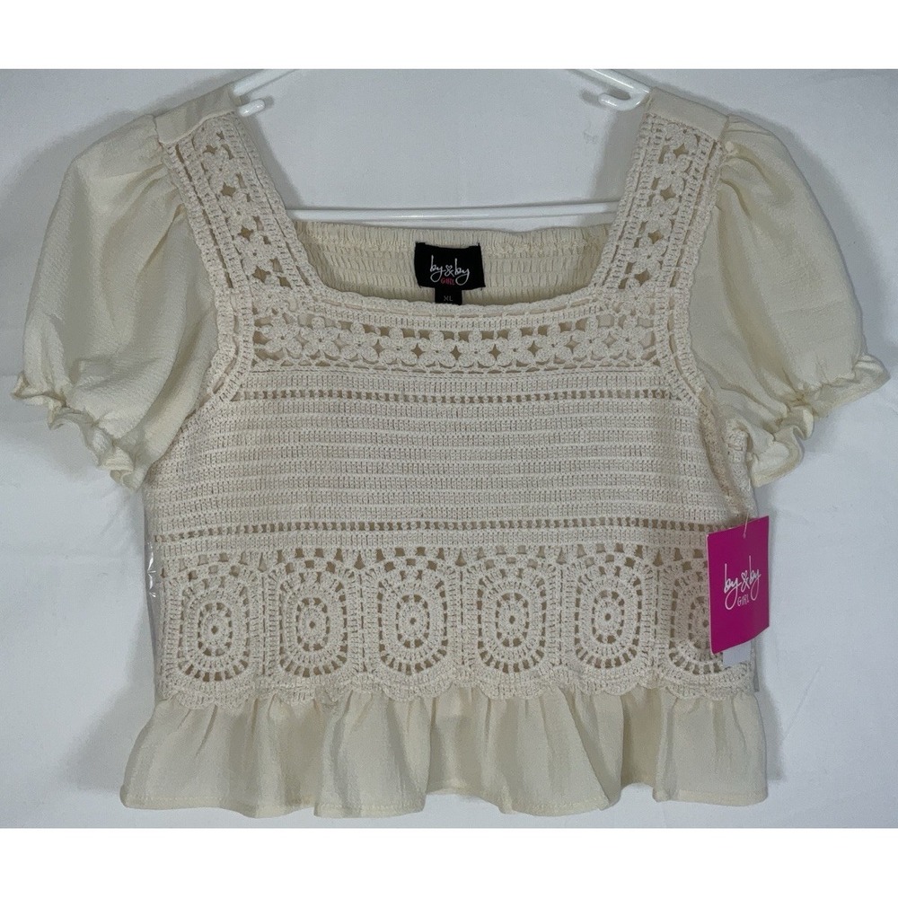 NWT Girl's By & By Girl Crocheted Ruffle Top Shirt - Natural Cream - Girl's 16
